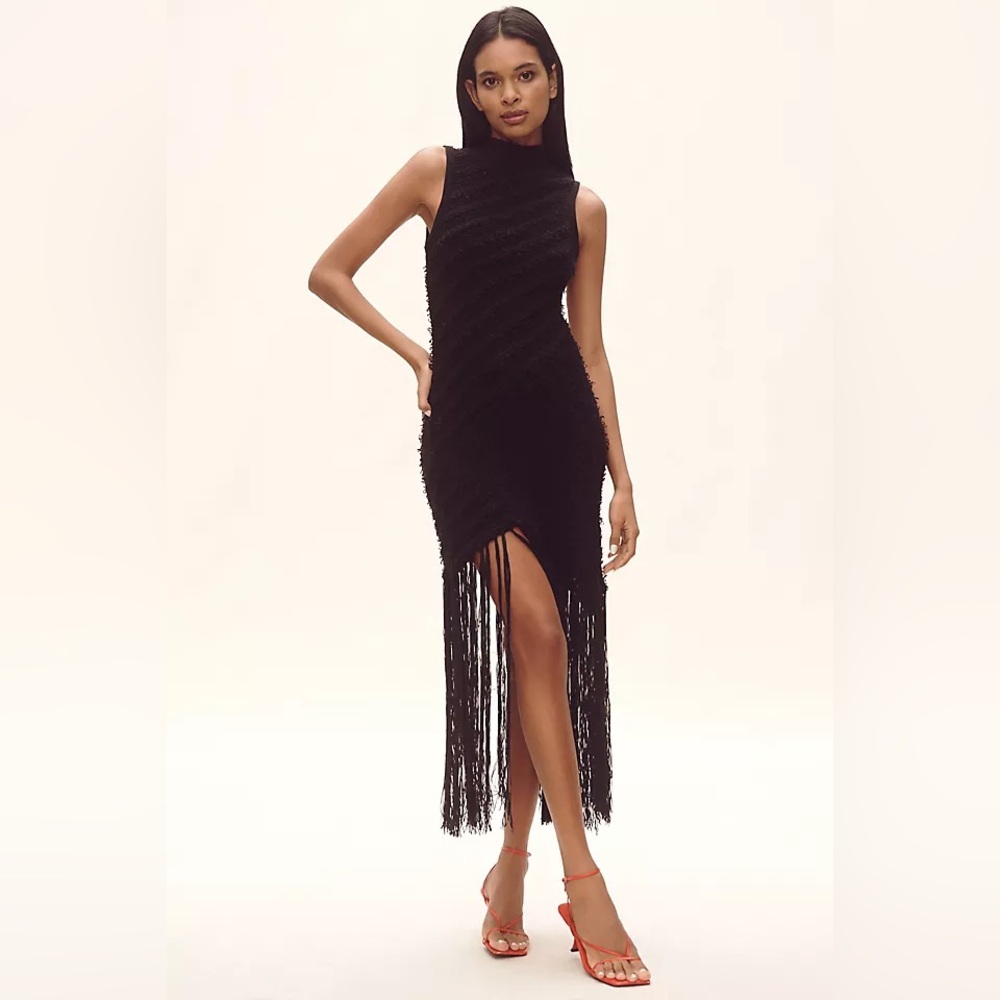 By Anthropologie Sleeveless Mock-Neck Fringe Sweater Midi Dress